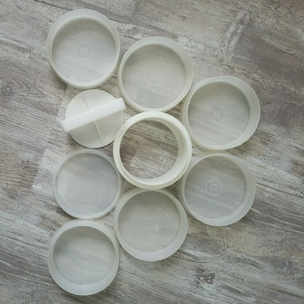 TUPPERWARE 4 inch 1/4 lb Hamburger Burger Press 882 884 lid Seal 6 Keepers